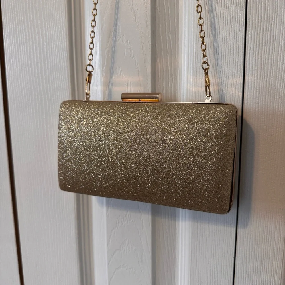 Elegant Gold Glitter Hard Case Evening Clutch Bag Chain Strap Rectangle Shape